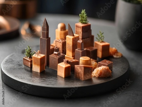 Fototapeta Creative cityscape made of chocolate and confections displayed on a dark stone plate in a modern setting