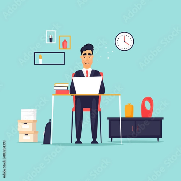 Fototapeta Businessman working in the office at the computer, workplace, interior. Flat design vector illustration.