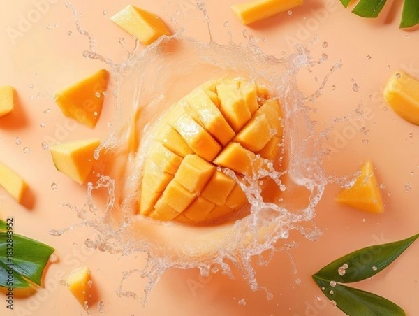 Fototapeta Fresh mango slices splash in water against a vibrant background