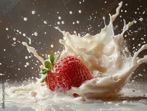 Fototapeta Fresh strawberry splashes into creamy milk creating an exquisite moment of culinary delight