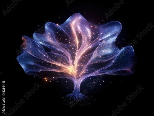 Fototapeta Cosmic tree with glowing branches and stars on a dark background