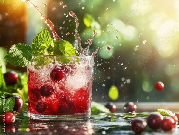 Fototapeta Refreshing drink splashes with cranberries and mint in a sunny setting