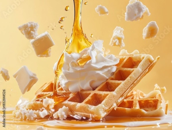 Fototapeta Delicious waffles topped with whipped cream and syrup falling on a bright yellow background in a cheerful breakfast scene