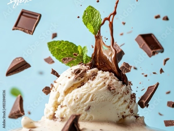 Fototapeta Delicious vanilla ice cream topped with chocolate sauce and mint leaves against a bright blue background