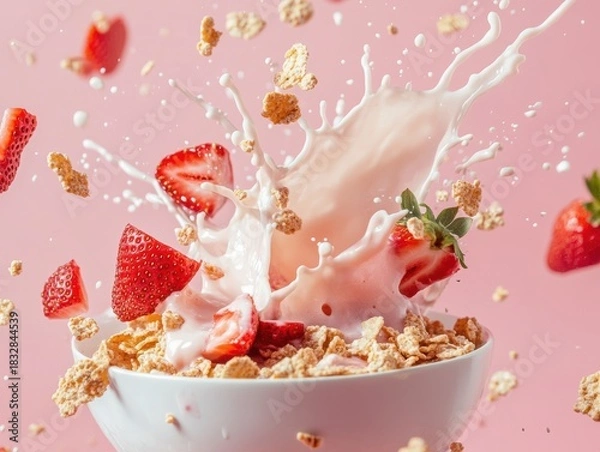 Fototapeta Delicious breakfast bowl with cereal, fresh strawberries, and milk splashing against a pink background