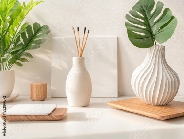 Fototapeta Modern home decor setup featuring decorative plants, vases, and plates on a clean surface with minimalistic design elements