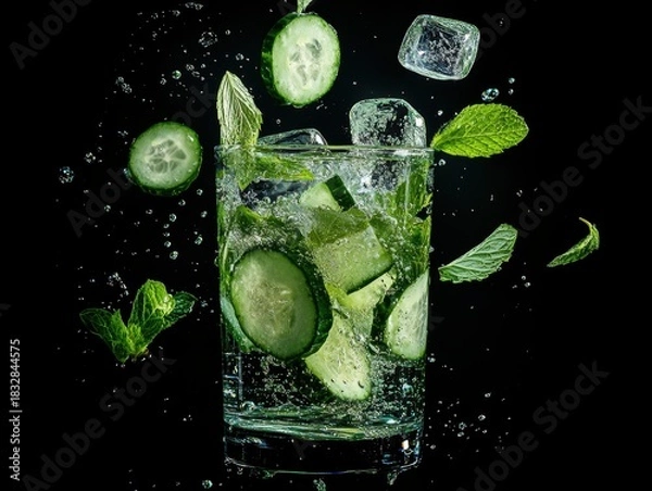Fototapeta Refreshing cucumber mint drink splashes in a glass on a dark background