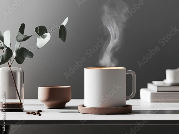 Fototapeta Freshly brewed coffee steaming in a cozy setting with greenery and books on a modern table
