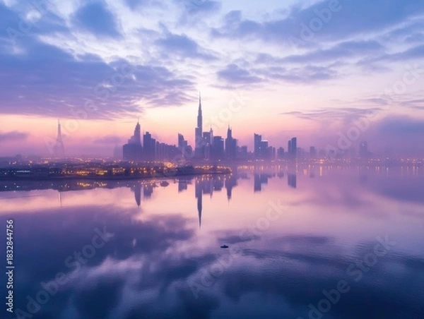 Fototapeta City skyline reflection at dawn with vibrant colors over the water