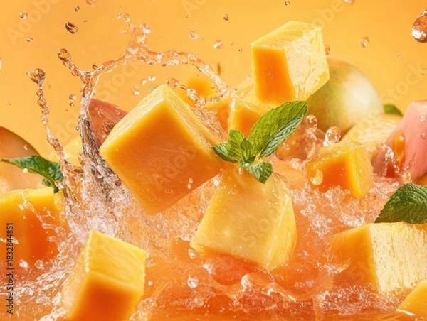 Fototapeta Fresh fruit splash in a vibrant setting with cubes of mango and mint leaves in orange juice