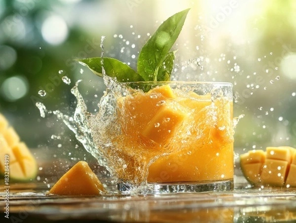 Fototapeta Fresh mango juice splashes in a glass with fruit pieces around in a sunny outdoor setting