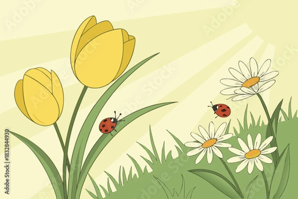 Obraz Welcome spring vector background with yellow flowers daisies and ladybugs