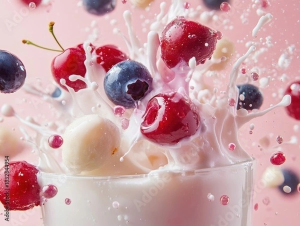 Fototapeta Fresh fruits splash in creamy milk against a pink background creating a vibrant scene of fun and flavor