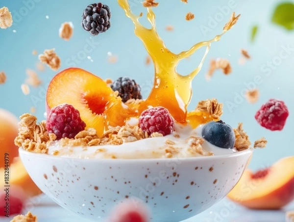 Fototapeta Delicious breakfast bowl with yogurt, granola, and fresh fruits splashing in the air