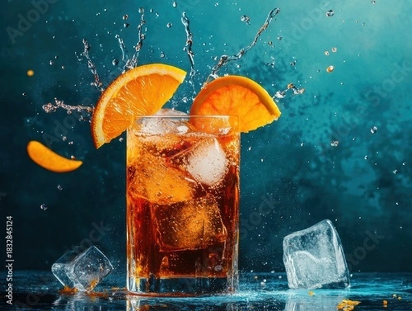 Fototapeta Refreshing cocktail splashes with ice and orange slices in a vibrant setting