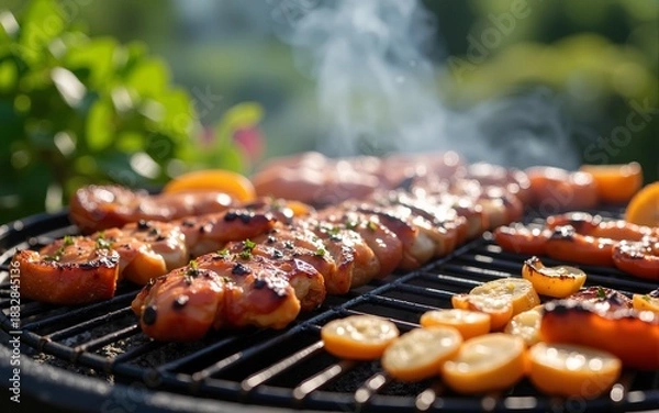 Fototapeta Colorful Barbecue Scene with Grills and Vegetation in Background. High quality