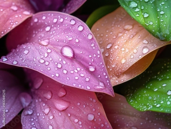 Fototapeta Colorful leaves glisten with droplets after rain in a lush, vibrant garden setting