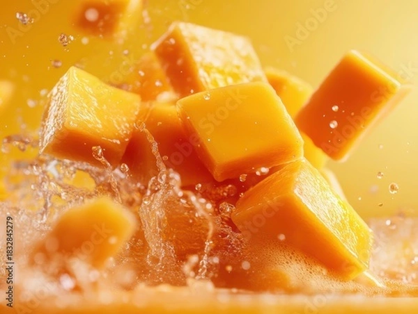 Fototapeta Fresh mango cubes splash into water creating vibrant droplets in a sunny kitchen setting