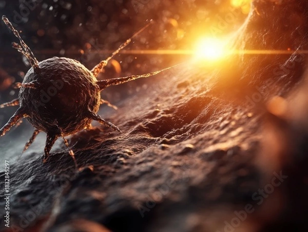 Fototapeta Close-up view of a virus particle illuminated by light in a microscopic environment