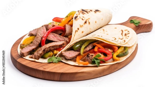 Fototapeta Deliciously prepared steak fajitas with colorful bell peppers and onions served on a rustic wooden board