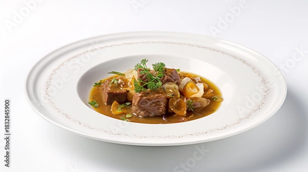 Fototapeta Hearty beef stew with root vegetables and fresh herbs served in a white ceramic bowl