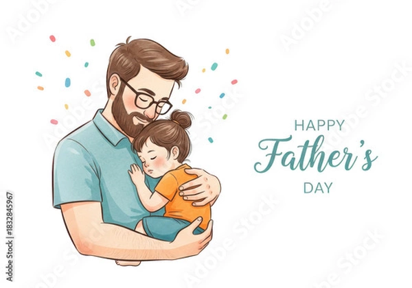 Obraz Father holding his sleeping daughter with confetti and happy fathers day text