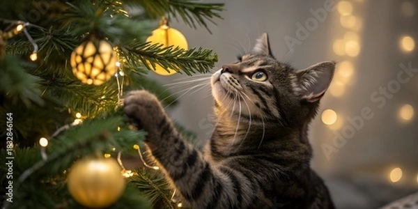 Fototapeta Adorable kitten curiously explores shimmering Christmas tree ornaments in a cozy, festive home setting, perfect for holiday greeting cards