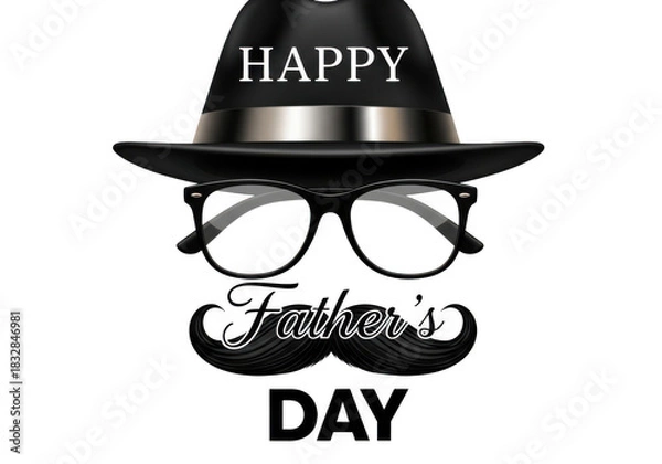 Obraz Happy fathers day graphic featuring a black fedora hat, eyeglasses, and a mustache with text