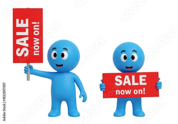 Obraz Two blue cartoon characters holding red signs announcing sale now on
