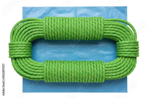 Fototapeta Coiled green climbing rope placed on blue plastic tarp on a transparent background