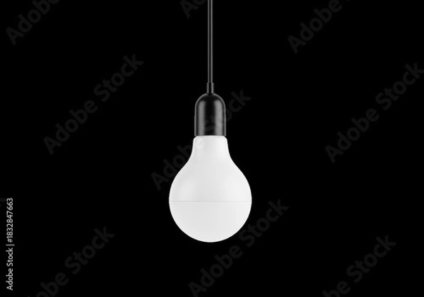Obraz A modern, minimalist led light bulb with a black socket hanging from a black cord, isolated on a transparent background
