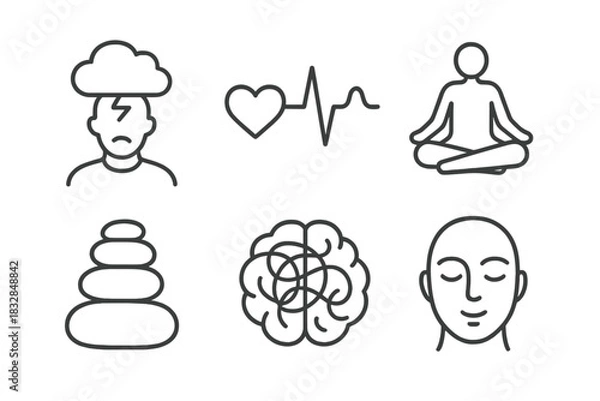 Obraz Mindfulness symbols: meditation, relaxation, stress relief, heartbeat, brain, calmness