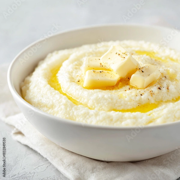 Fototapeta Creamy bowl of hot buttered grits topped with melting butter and a sprinkle of seasoning