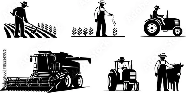 Obraz Farmers works in field, Farmer working, Farmer with vehicle silhouettes, Agriculture farmer silhouette, Agriculture farmer, Farmer with vehicle set