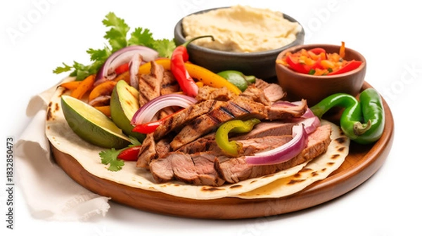 Fototapeta Delicious sizzling steak fajitas platter with peppers onions and accompaniments
