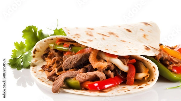Fototapeta Deliciously seasoned beef and colorful bell pepper fajitas wrapped in a warm flour tortilla with fresh cilantro garnish