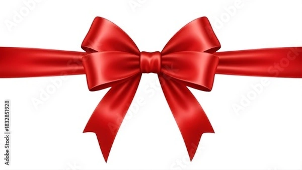 Obraz A shiny, vibrant red satin ribbon bow tied horizontally across a white background, perfect for gift wrapping