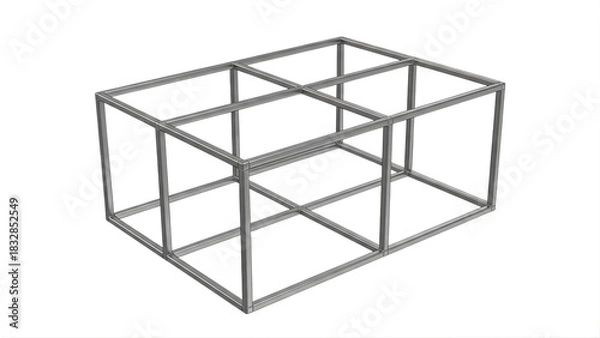 Obraz Wireframe rendering of a rectangular threedimensional structural cage or frame composed of interconnected metal bars isolated on white background