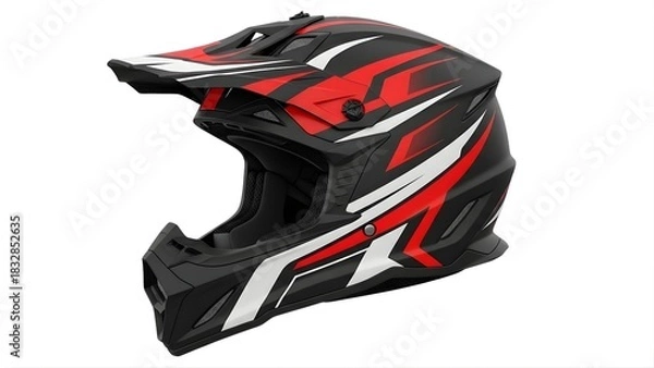 Obraz Black and red motocross helmet with white graphic accents isolated on white background