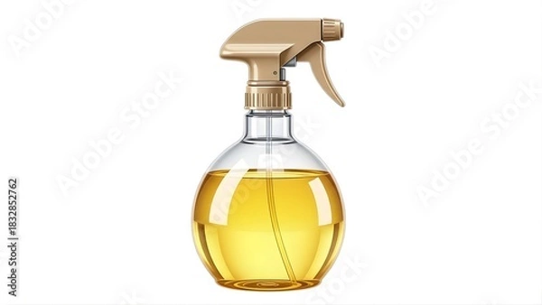 Obraz Clear glass round spray bottle with tan trigger top filled with yellow liquid, isolated on white background