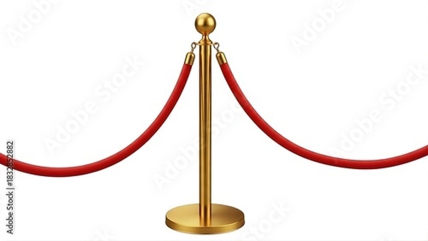 Obraz Golden stanchion with red velvet rope barrier for crowd control isolated on white background