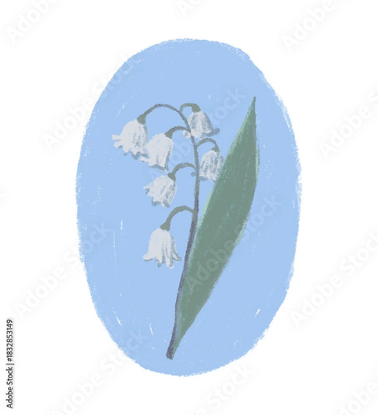 Fototapeta Illustration of a lily of the valley on blue background. Minimalistic childrens drawing with colored pencils, pastels. Delicate May flower, soft spring colors of blue green white. Rounded shape.