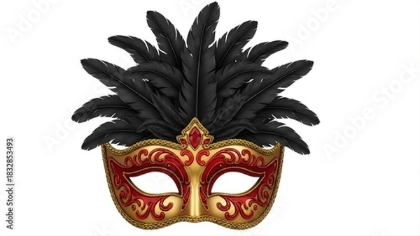 Obraz Ornate venetian masquerade mask in red and gold with large black feather plume isolated on white background