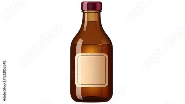 Obraz A brown glass bottle with a dark red cap and a blank rectangular label, isolated on white background