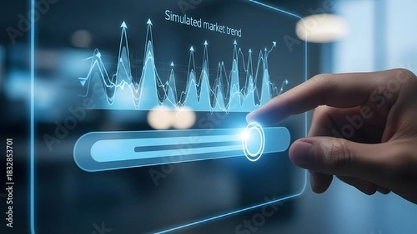 Fototapeta Finger interacting with futuristic holographic interface displaying data and progress bar