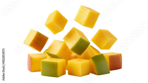 Obraz Fresh mango cubes falling against black background