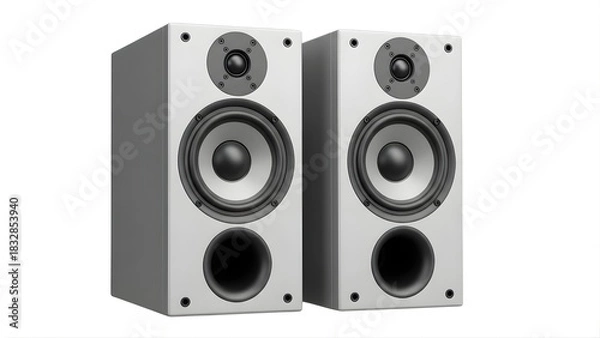 Obraz Pair of modern bookshelf stereo speakers with a tweeter, woofer, and bass reflex port, isolated on white background