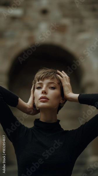 Obraz Editorial Portrait Model Framing Face Against Stone Archway