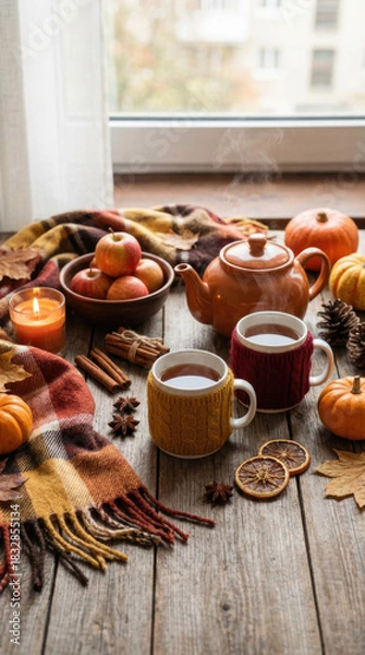 Fototapeta Affection colours dreamy flames glossy glow lighting magic moment satin shine sparkle star cozy autumn tea scene with steaming mugs candle Christmas and New Year 2026 Background Concept