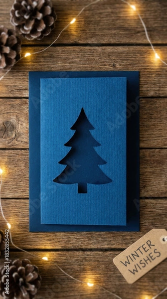 Fototapeta Affection colours dreamy flames glossy glow lighting magic moment satin shine sparkle star winter card with pine cutout wooden table surrounded by Christmas and New Year 2026 Background Concept